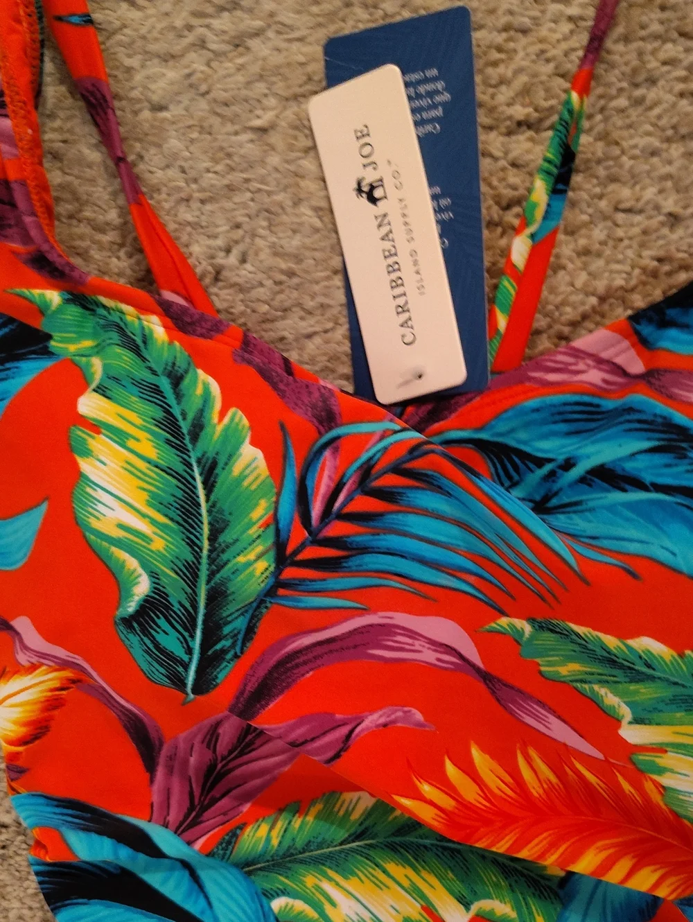 Caribbean Joe Ladies Red Blue Orange Green Tropical Leaf One-Piece Swimsuit